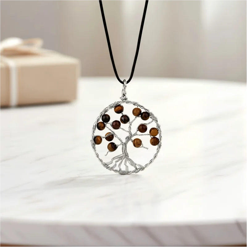 Natural Tree of Life Crystal Pendant Healing Round Beads Copper Wrap Wire Chakra Pendant for Jewelry Making Home Decor