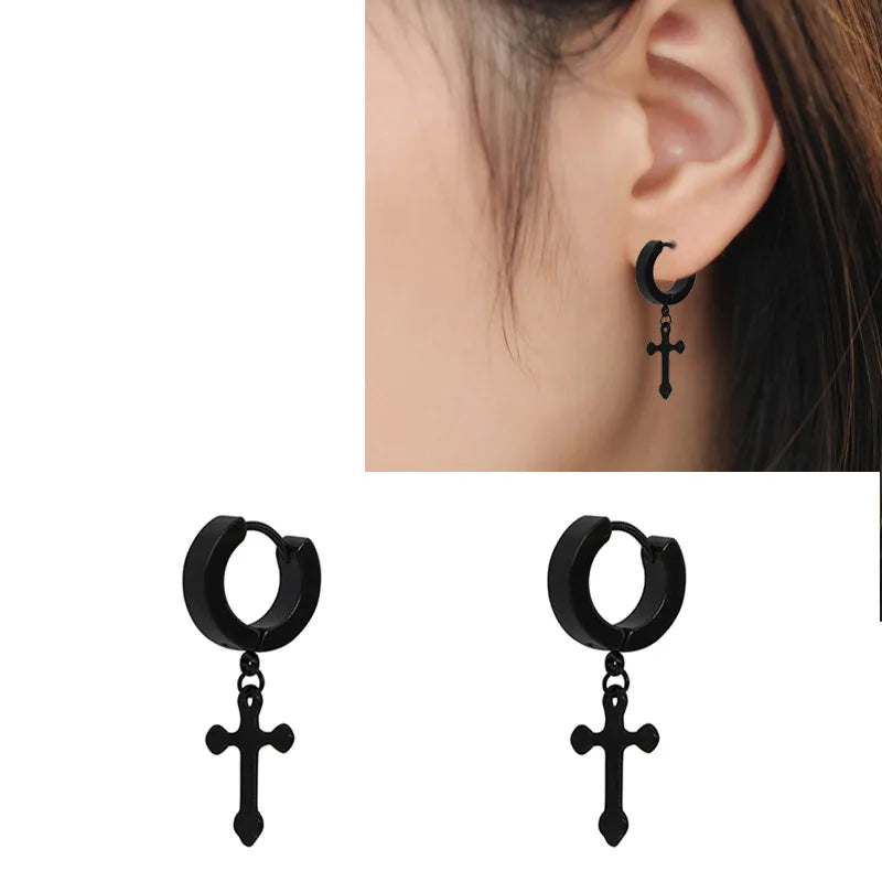 Jet Black Plated Cross Dangle Earrings Hypoallergenic Hinged Dangle Cross Earrings