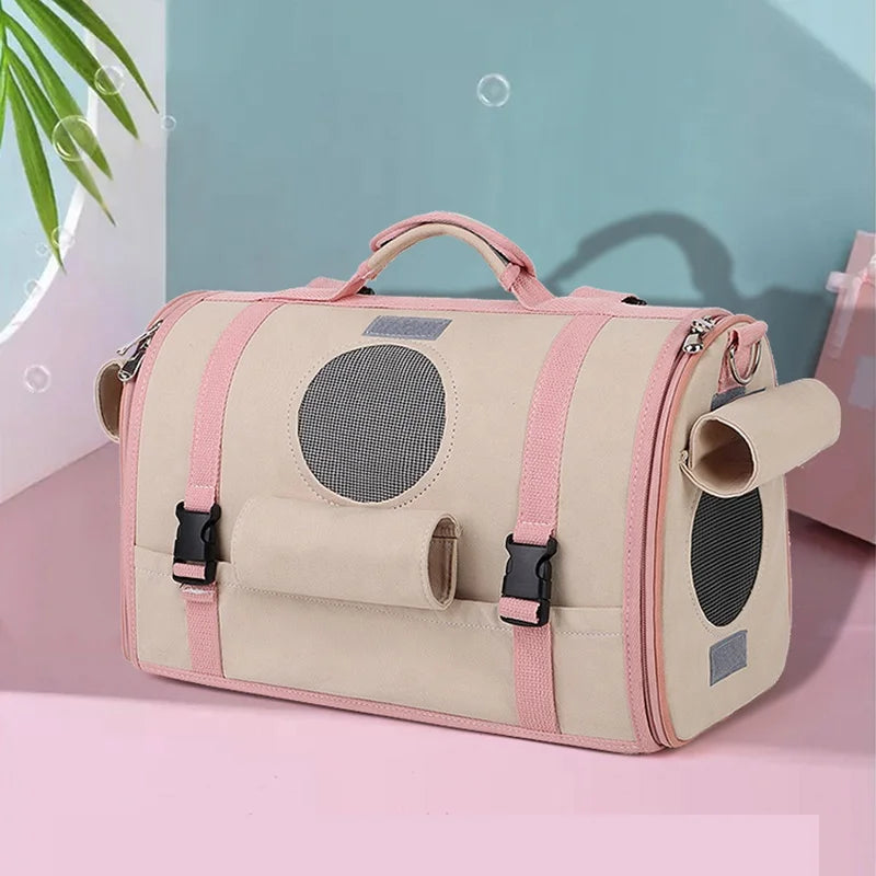 Portable Canvas Pet Carrier Backpack Zipper Closure Stylish Universal Cat Dog Travel Shoulder Messenger Featuring Animal Pattern