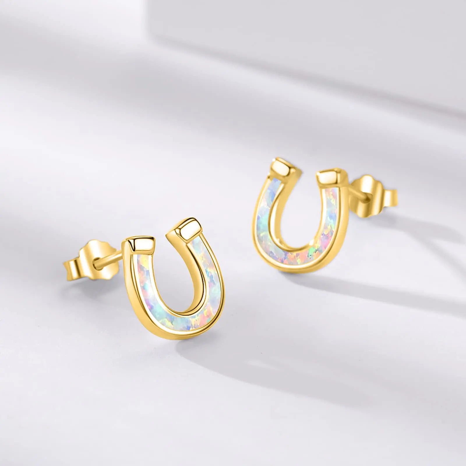 Lucky Jewelry 925 Sterling Silver Gold Plated Opal Horseshoe Stud Earrings for Women