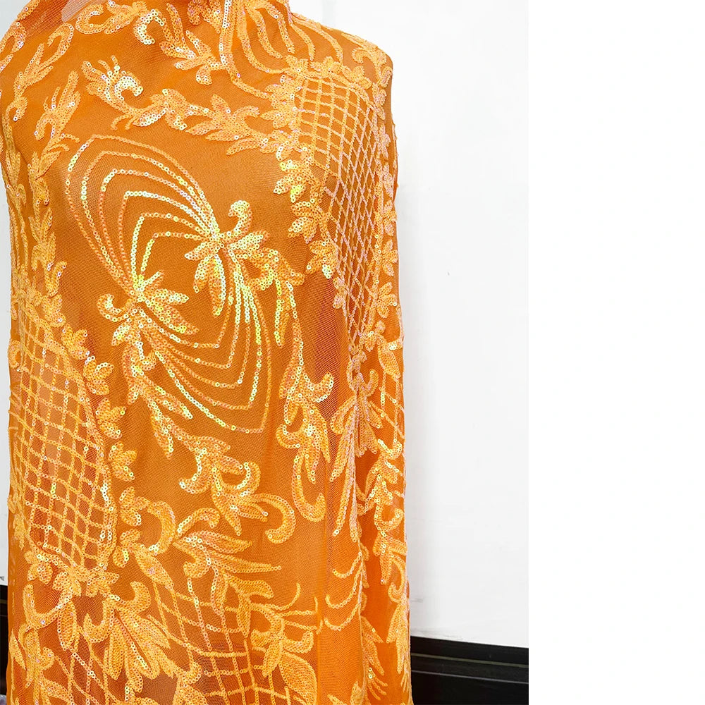 Wholesale Luxury Drees Bright Orange 3mm Sequin Pattern 4-way Stretch Tricot Woven Mesh Tulle Gradient Glitter Wedding Girls