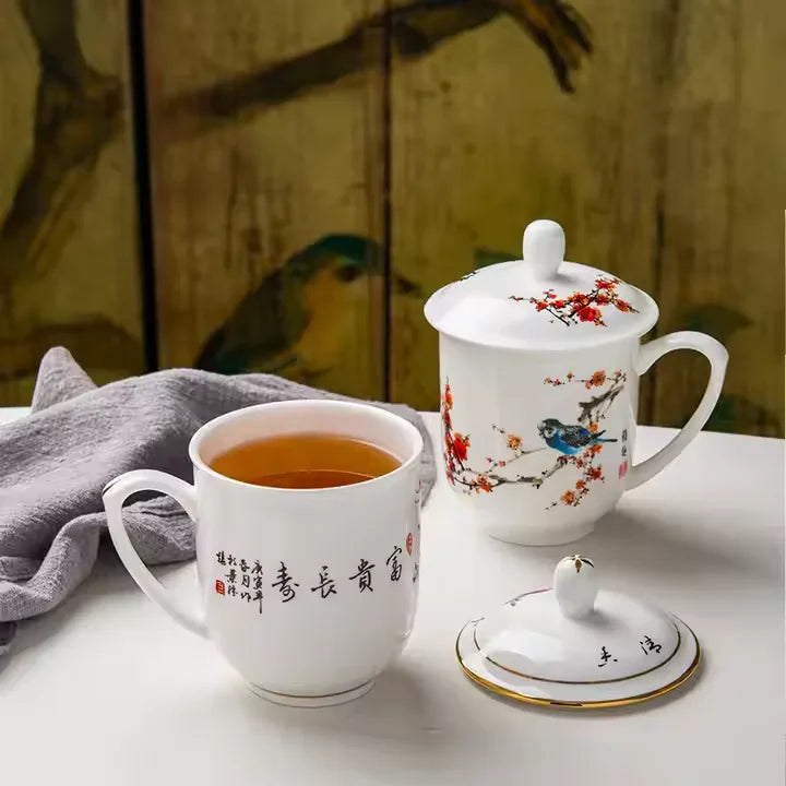 Chinese Style Ceramic Cup Tea Mugs Bone China Tea Cup Set with Lid Unique Ceramic Mug for Home Use and Business Gifts