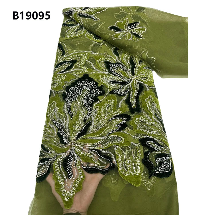 CHOCOO Hot Selling Nigerian Big Flower Embroidered Lace Fabric Green Beaded Embroidery Lace Fabric for Casual Dress MegaBDM