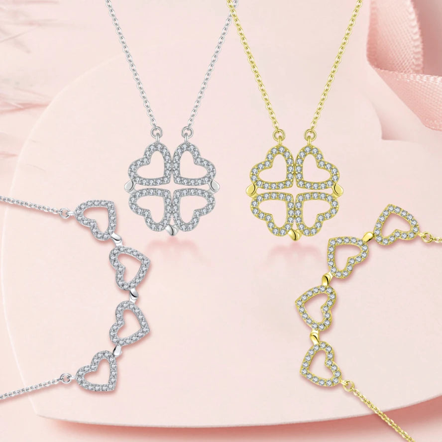 YILUN Romantic Magnetic Clover Heart Necklaces Custom OEM 925 Sterling Silver Dainty Lucky Four Leaf Clover Necklace for Women
