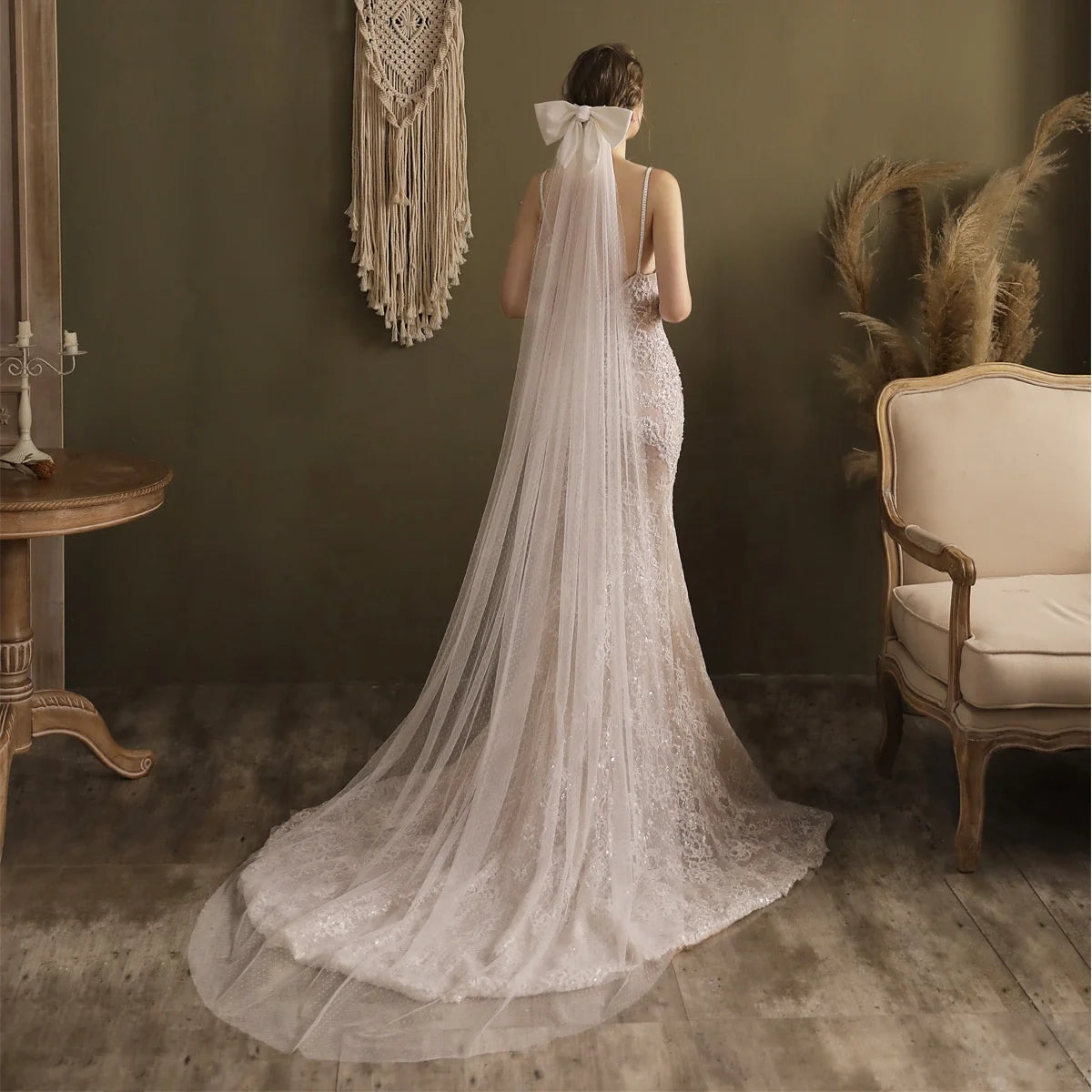 New Big Bow Wavy Dot Yarn Bridal Long Veil Design Sense Long Veil Elegant Wedding Trail Veil