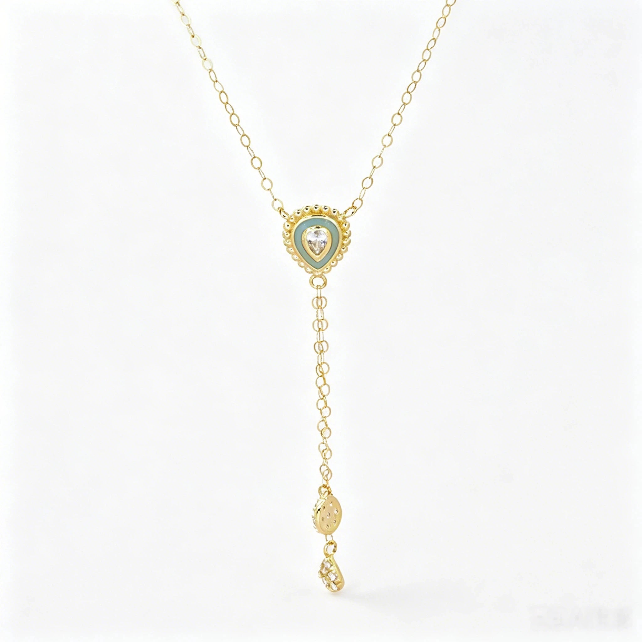 Custom Logo Real 18K Solid Gold Enamel Heart Y Drop Necklace CZ Diamond Tassel Lariat Pendant Dainty Chain Fine Jewelry Women