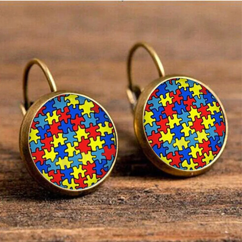 Manufacturer Autism Speaks Awareness Pendant Hook Drop Earrings Glass Cabochon Jigsaw Puzzle Pieces Dangle Jewelry Earrings