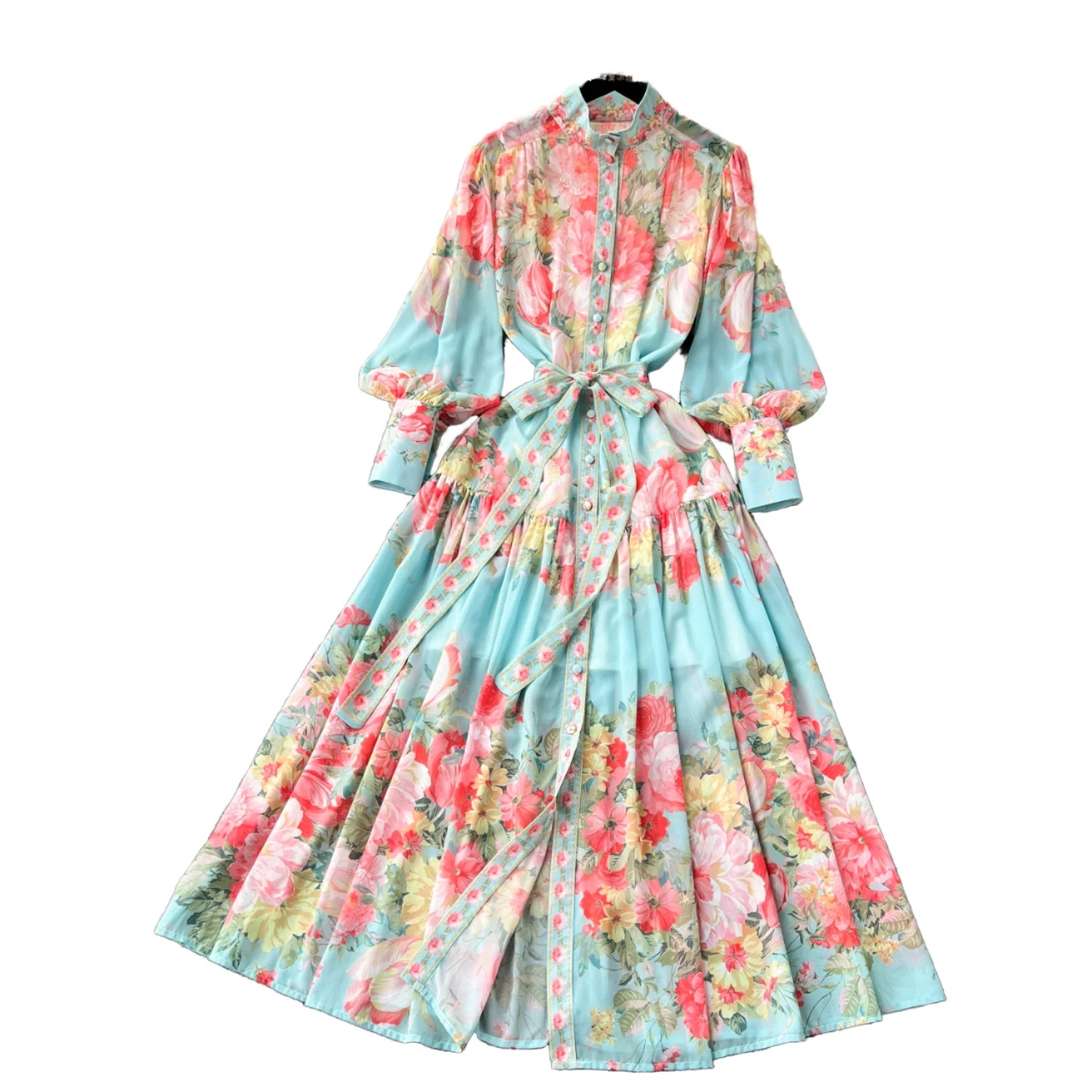 High Quality Vintage Style Custom Floral Design Bubble Sleeve Natural Belt Spring Summer Autumn Casual Dress for Women