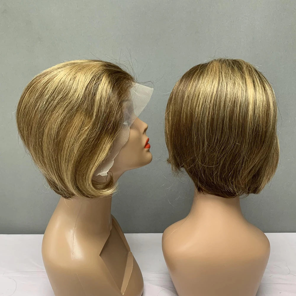 Piano Color Short Raw Indian Wholesale Cheap Virgin Human Hair Straight 13x4 Lace Front Pixie Cut Wigs