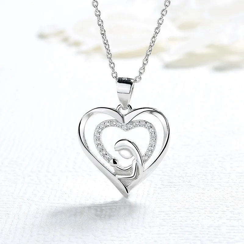925 Silver Rhodium Plated Double Heart Pendant Necklace Love Mother Son Embrace Zircon Rose Gold Trendy Engagement Gift Jewelry