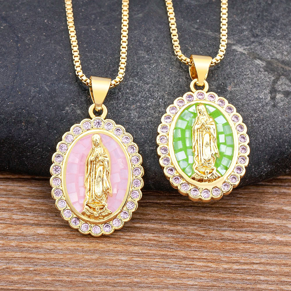 QIKU Religion Colorful Shell Virgin Mary Pendant Necklace Crystal Oval Neck Chain Pray Jewelry Gift Women Accessories Wholesale