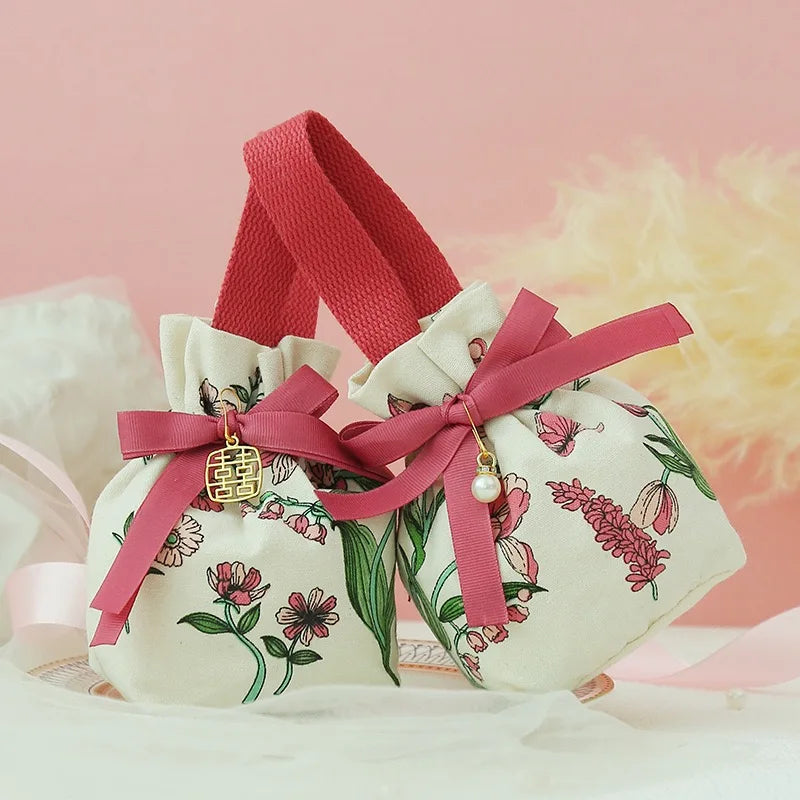 Square Holiday Candy Pouch Practical Drawstring Bag Christmas Treat Reusable