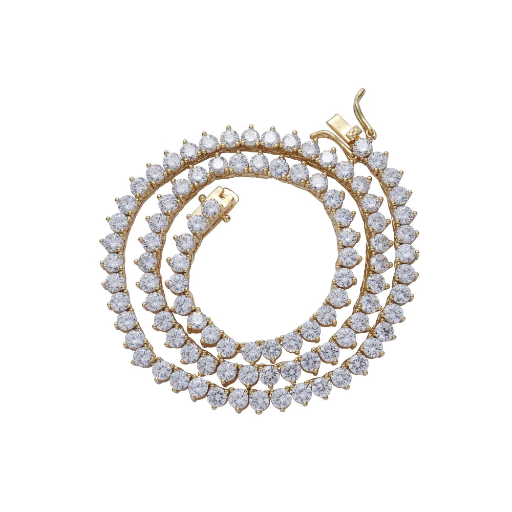 BC212  4mm 3 Prong Setting Tennis Chain Brass Setting CZ Necklace Gold/Silver Color Iced Out  Cubic Zircon Bling Bling