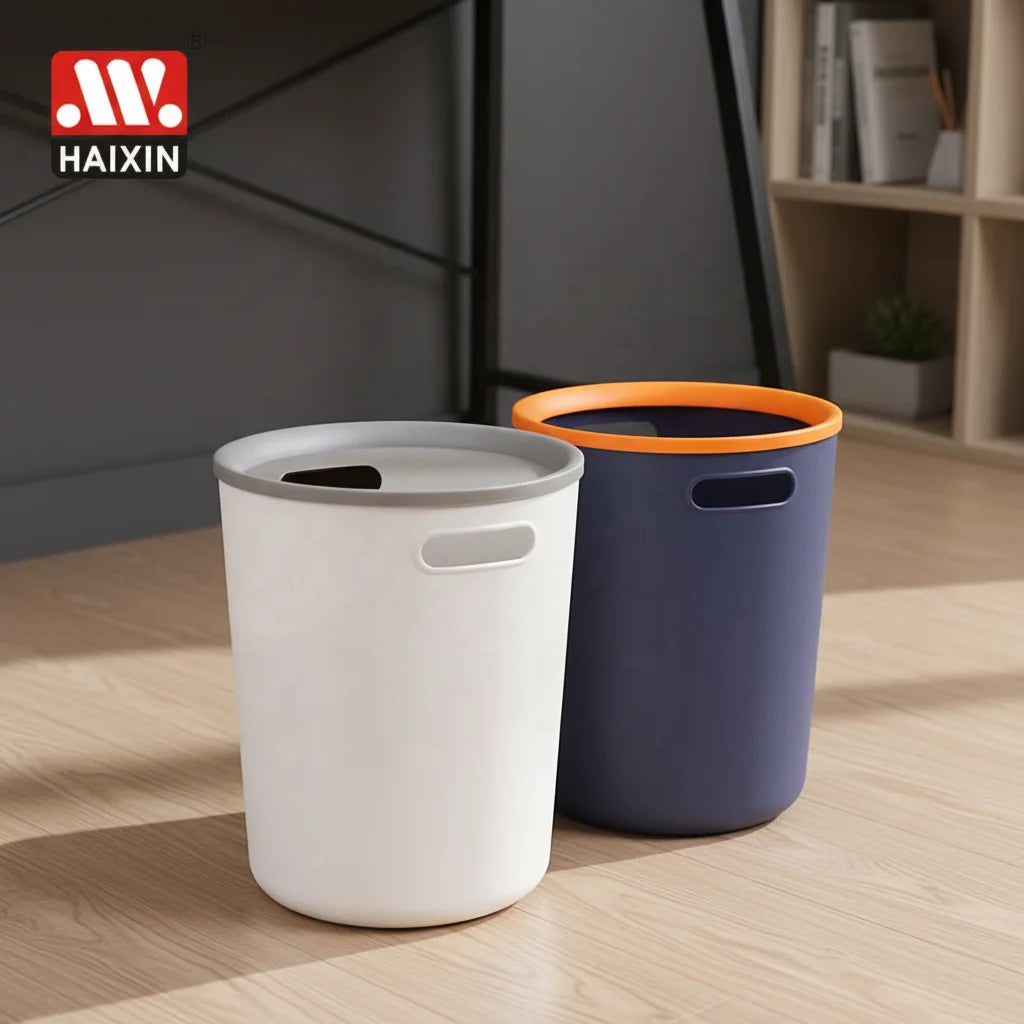 5.3L/7.7L Plastic Round Waste Basket Trash Can White Blue Waste Bin Garbage Bin for Living Room Bathroom Kitchen Office Dorms