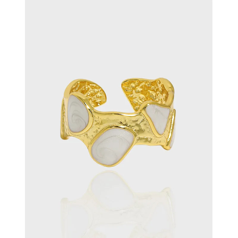 Fashion S925 Sterling Silver Irregular Bump 18K Gold Plated White Enamel Adjustable Ring for Women