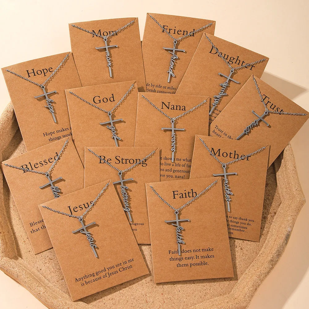 Religious Stainless Steel Letter Word Hope Faith Cross Necklace Blessed Christian Jesus Cross Pendant Necklace