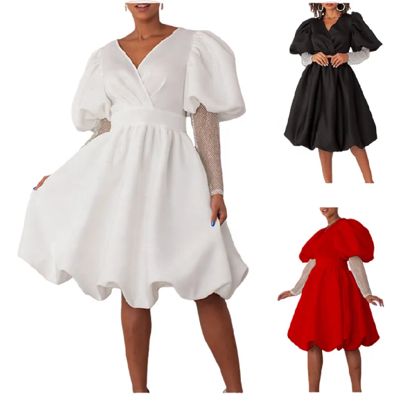 D495 Trendy Bridesmaid Dresses Wedding Ladies V-neck A-Line Puff Sleeves Banquet Party Dress Women Elegant Casual Dresses