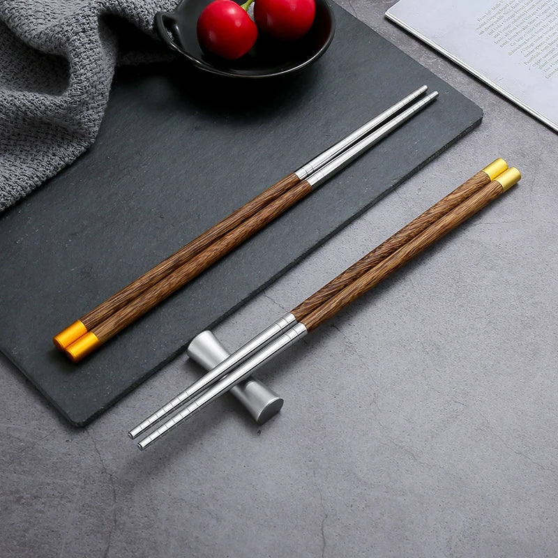 Eco Friendly Chinese Bamboo Handle Chopsticks Reusable Stainless Steel Metal Korean Wooden Chopsticks Set