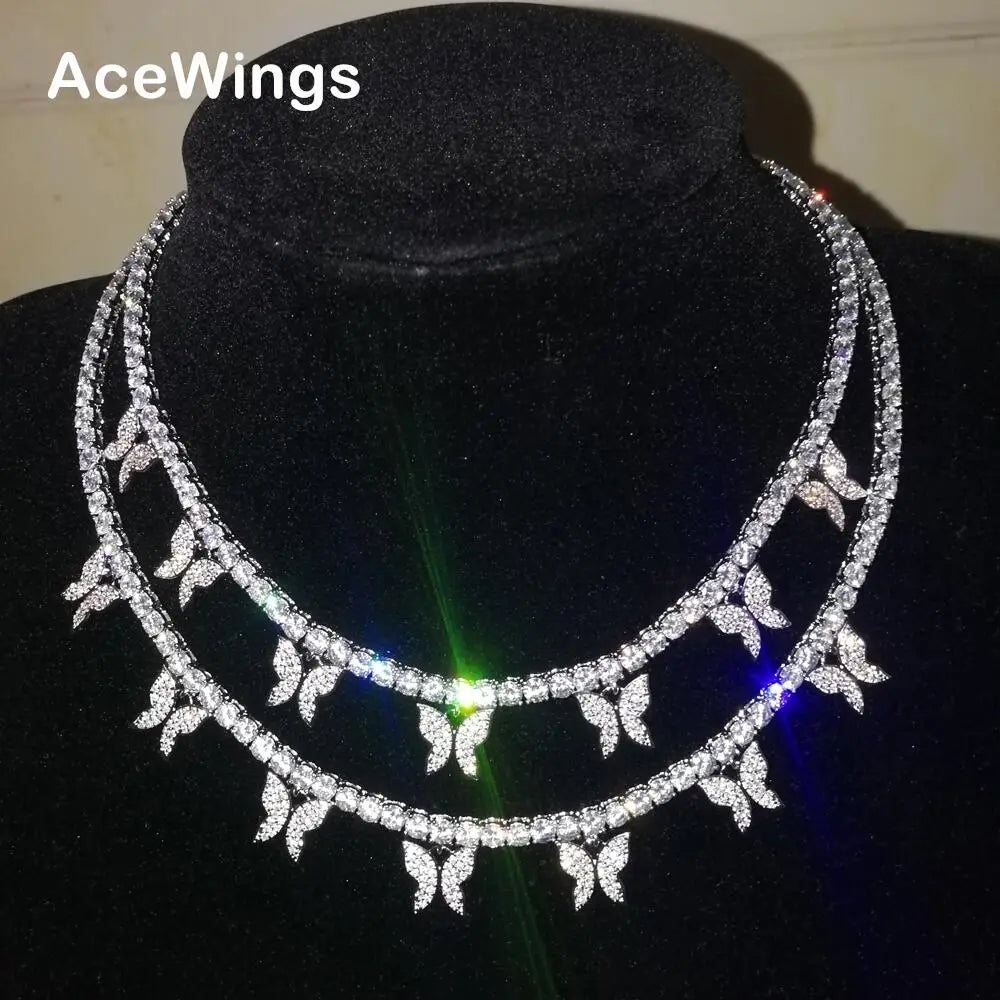 BC109  4mm 16" 18" 7 butterfly Charms Brass Setting Zircon Tennis Chain Necklace Iced Out  Cubic Zircon Bling Bling