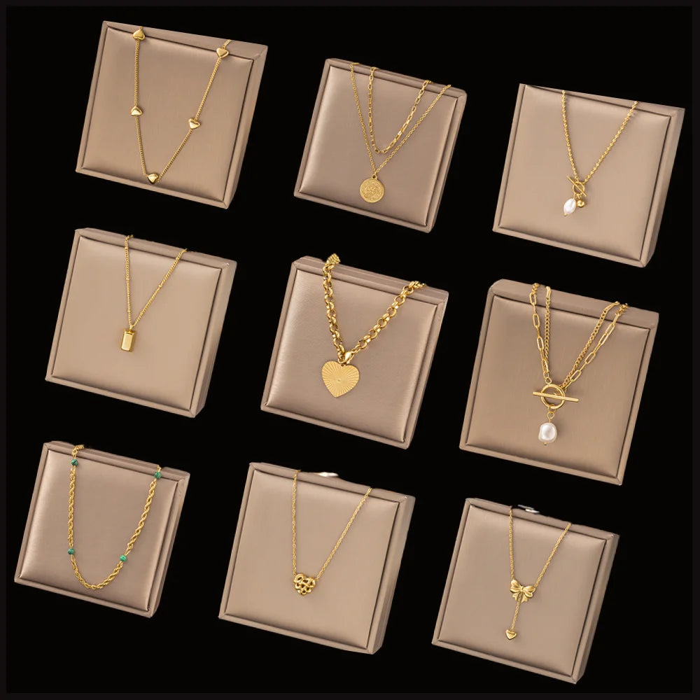 Waterproof Wholesale Fashion Jewelry Women's Accessories 18K Gold Plated Heart Bow Tie Pearl Charm Stainless Steel Necklaces