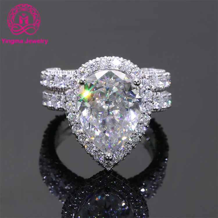 Jewelry Ring Set 12x16mm Big Pear Shape Moissanite Eternity Ringhip Hop Solid 14kt Gold Moissanite Ring for Wedding Engagement MegaBDM