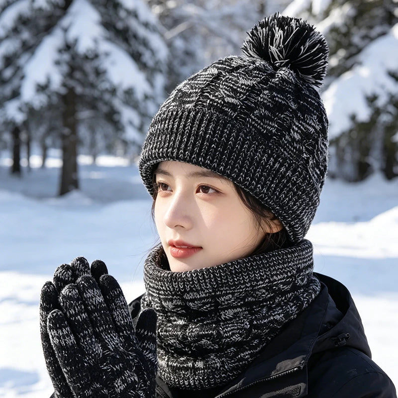 Soft Winter Kids Set Pom Pom Beanie Hat Dot Bow Character Scarf Touchscreen Gloves for Children Winter Warm Accessories