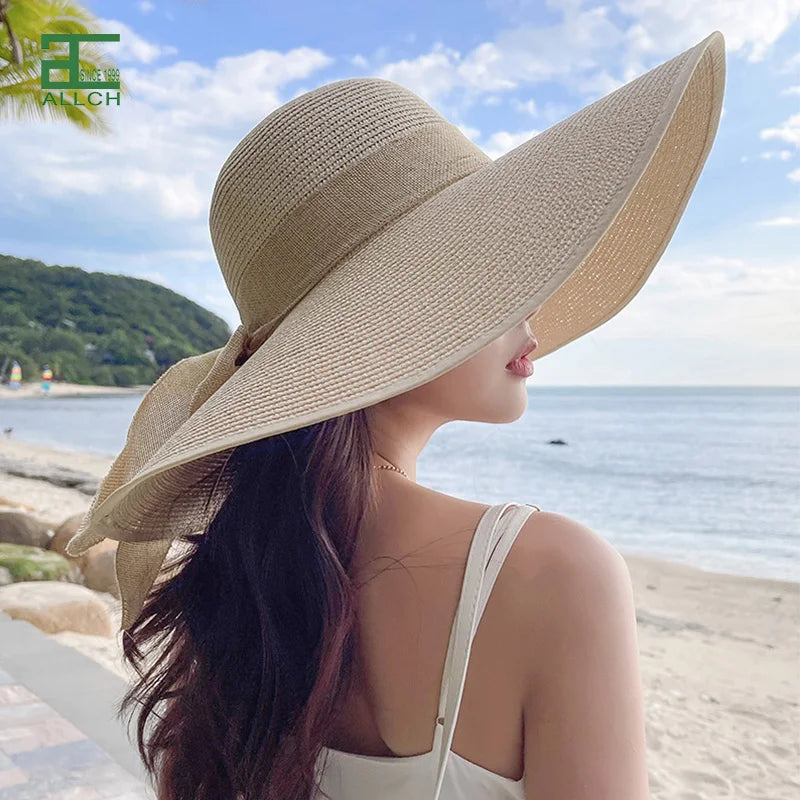 ALLCH Ladies Summer Floppy Sun Hats Elegant Large Wide Brim Adjustable Straw Beach Hats for Daily Life Outdoor Cycling Business