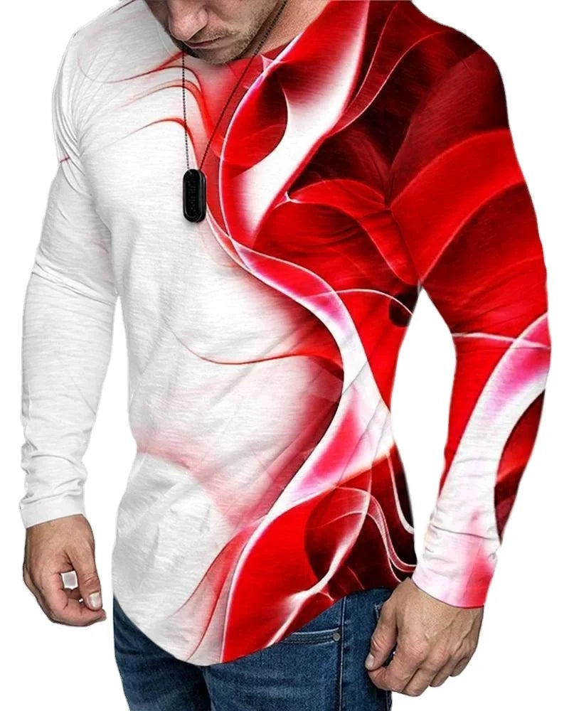 All Over Digital Printed Knitted Polyester Long Sleeve Quick Dry T-Shirt for Men