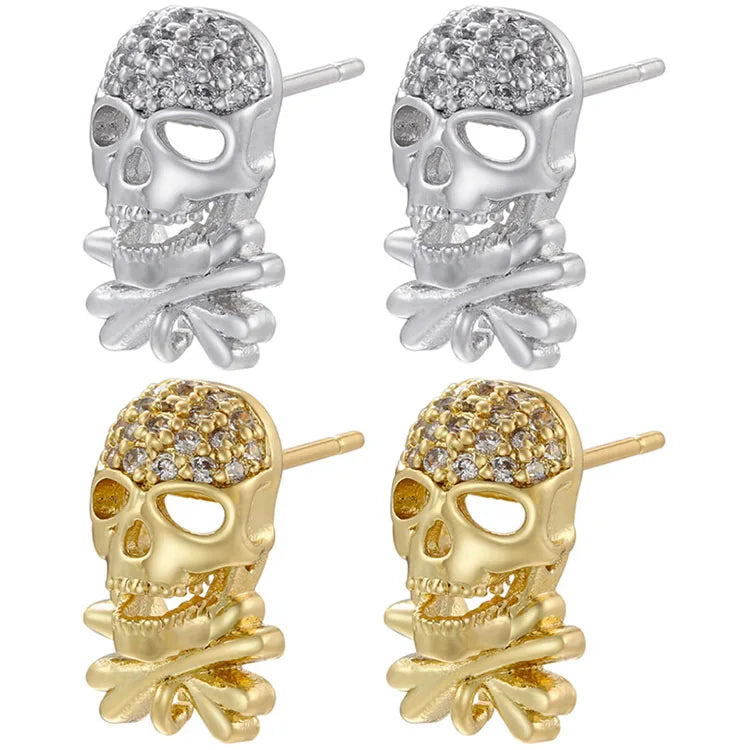 EC1921 Earring Findings Accessories Mini Tiny Gold CZ Skull Post Stud Earring Post with Connector Open Ring Loop