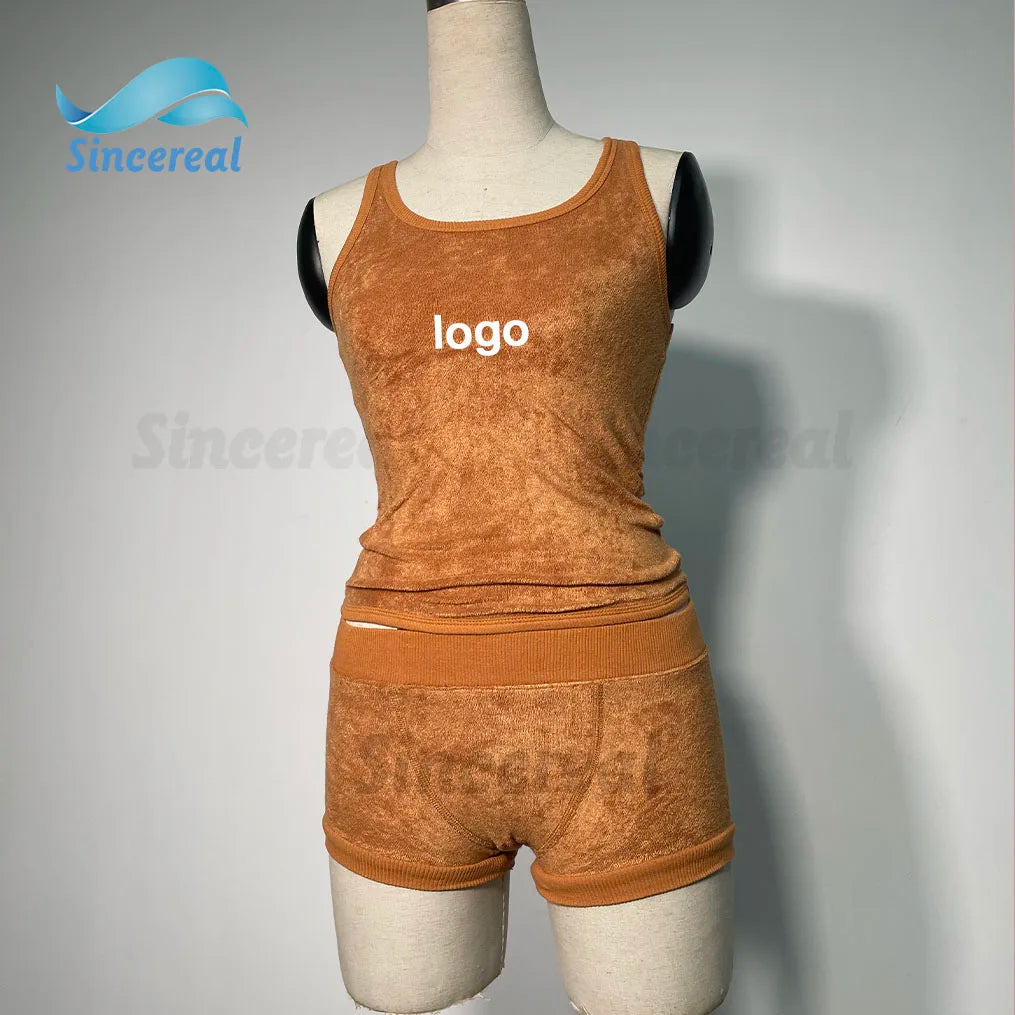 Custom logo Summer Loungewear Suit Beach Terry Towel White 2 Piece Short Set tank Top and Boxer Short Sets for Women
