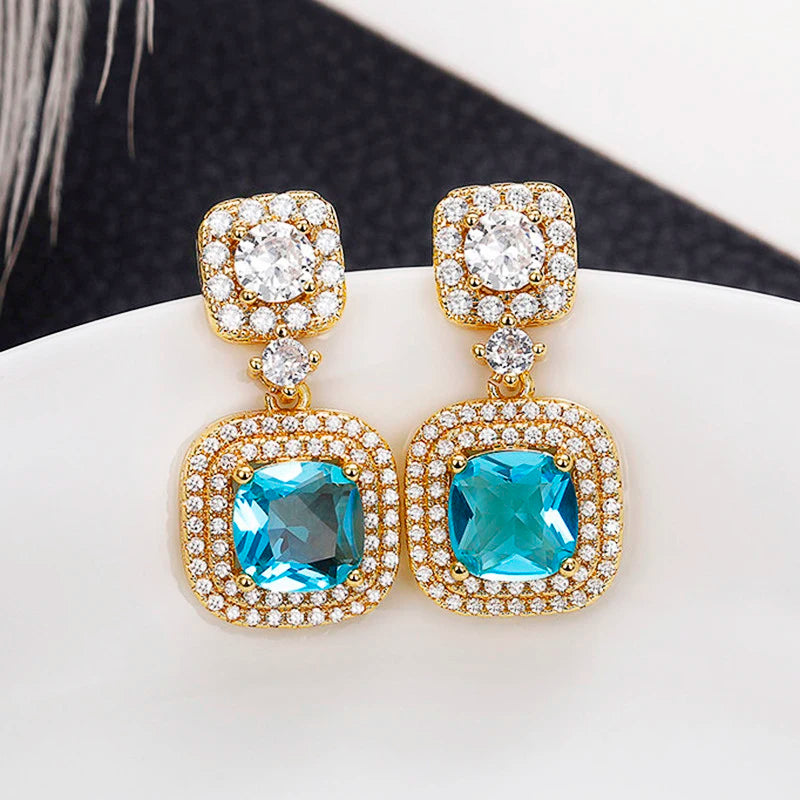 Huitan Exquisite Noble Earings Jewelry Women Blue Rhinestone Crystal Drop Earrings Bridal CZ Gold Plated Dangle Earings