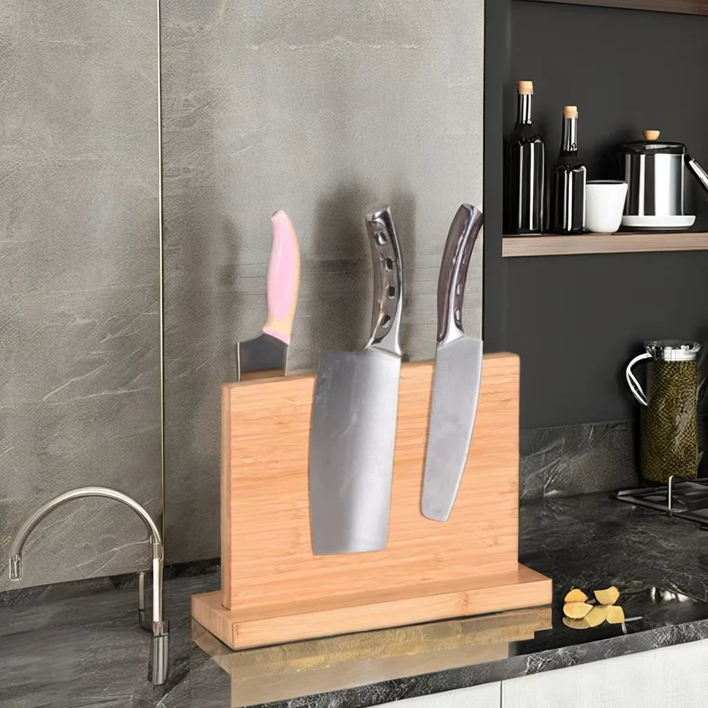 Metal Knife Organizer  Powerful Double-Sided Wooden Magnetic Bamboo Knife Block for Home Restaurant Kitchen Roll Bag Accessory