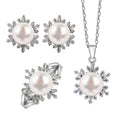 925 Silver Rhodium Plated Freshwater Pearl Claw Setting Flower Design Three-Piece Jewelry Set (Ring Earring Necklace) for Women