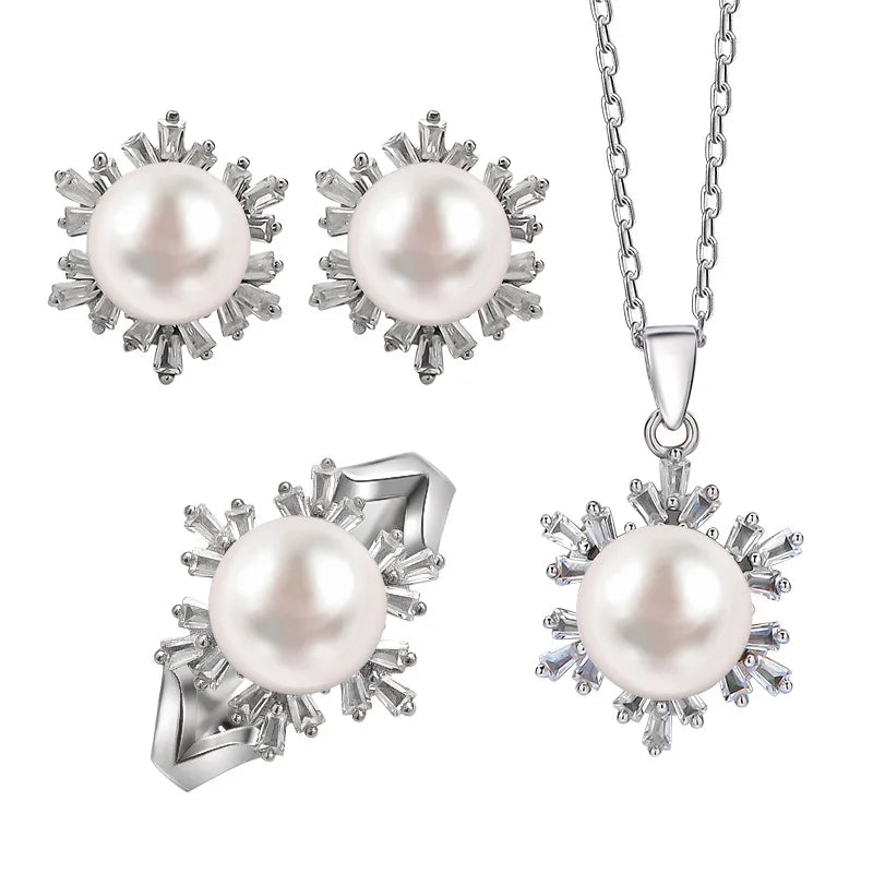 925 Silver Rhodium Plated Freshwater Pearl Claw Setting Flower Design Three-Piece Jewelry Set (Ring Earring Necklace) for Women