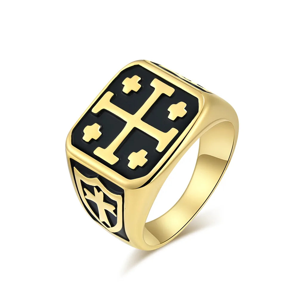 Trendy Chunky Non Tarnish Water Proof Jewelry Rings Jerusalem Cross Stainless Steel Signet Gold Rings for Men Vintage