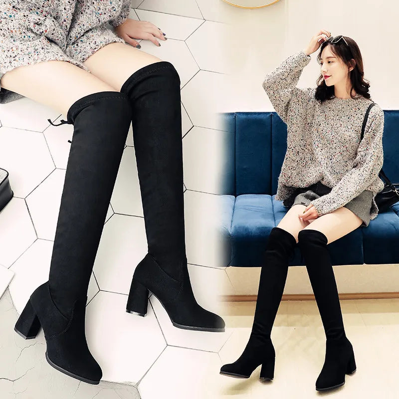 New style over-the-knee elastic boots with pointed toe plush lining and thick high heels for women