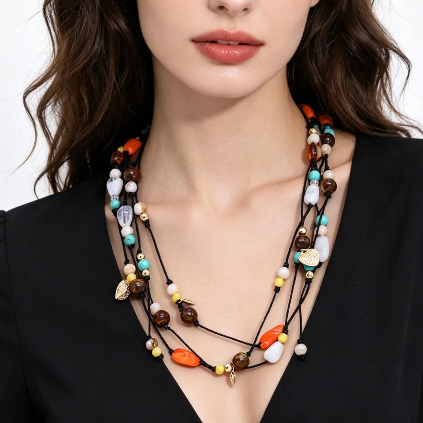Women's Summer Bohemian Retro Necklace Colorful Stone Beaded Long Sweater Chain Multi-Layered Glass Crystal Heart Buddhism