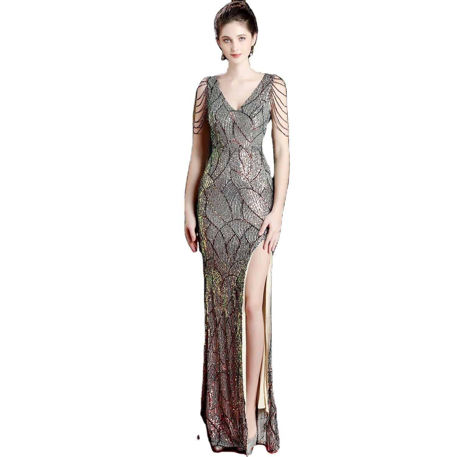 16596# Long Banquet Slim-Fit Fish Tail Elegant Socialite Party Annual Meeting Host Sequin Party Dress