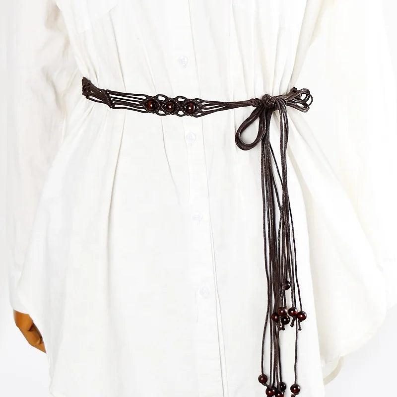 Vintage Ethnic Style Women's Knitted Belt Fine Waist Chain with Tassel Decoration Personalized Braided Design