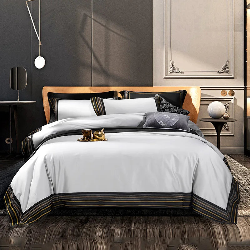 White king Size Embroidery Comforter Cover Luxury Solid Color Wide-brimmed Pillow Cases100% Cotton Bedding Sets