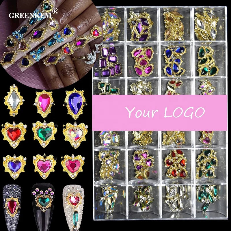 GREENKEM 2022 3D Nail Art Rhinestone Crystal Luxury Brand Name Logo Designer Nail Art Charms Jewelry Alloy Zircon Nail Charms MegaBDM