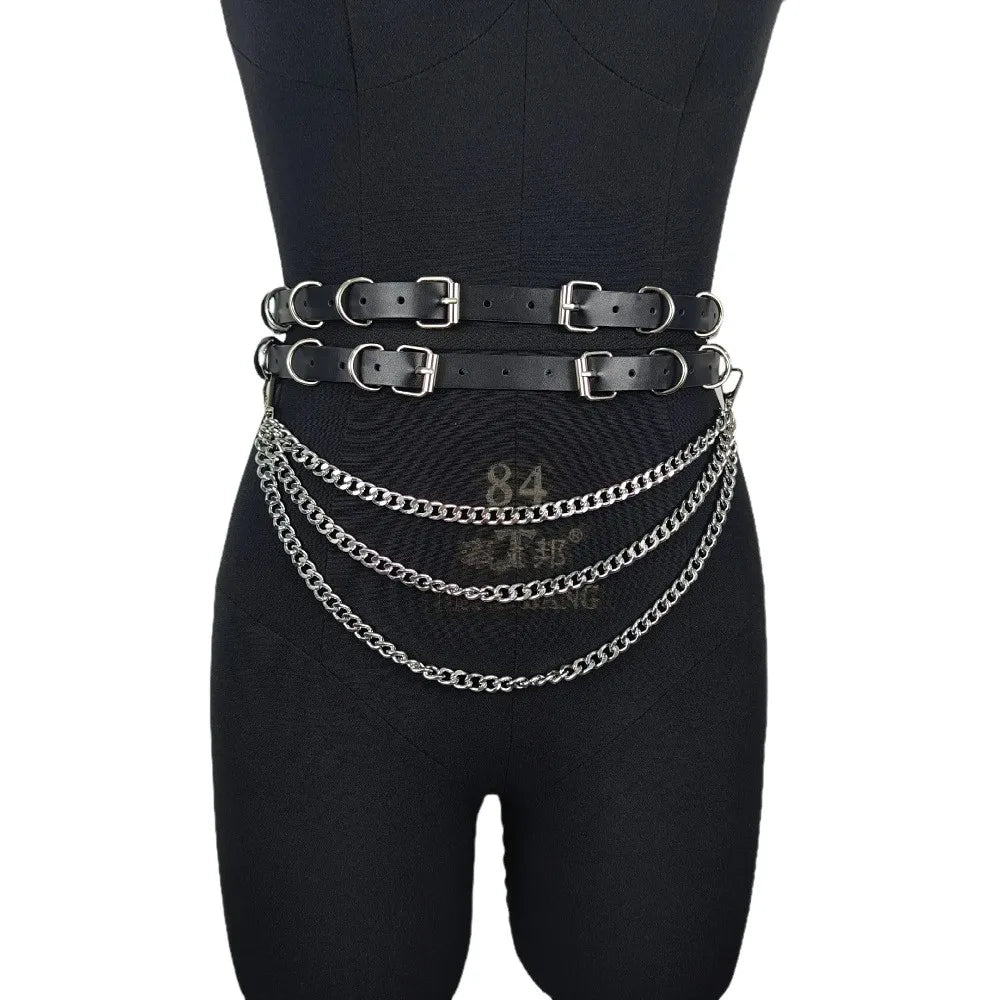 Punk Black Leather Body Chain Belt Layered Body Jewelry Harness for Women Goth Accessories Rave Outfits for Girls