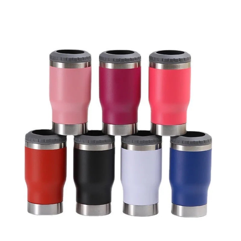 Hot Selling Portable 4 in 1 Beer Can Cooler with 2 Lids Can Holder Stainless Steel Vacuum 14oz Can Holder With Opener Corkscrew