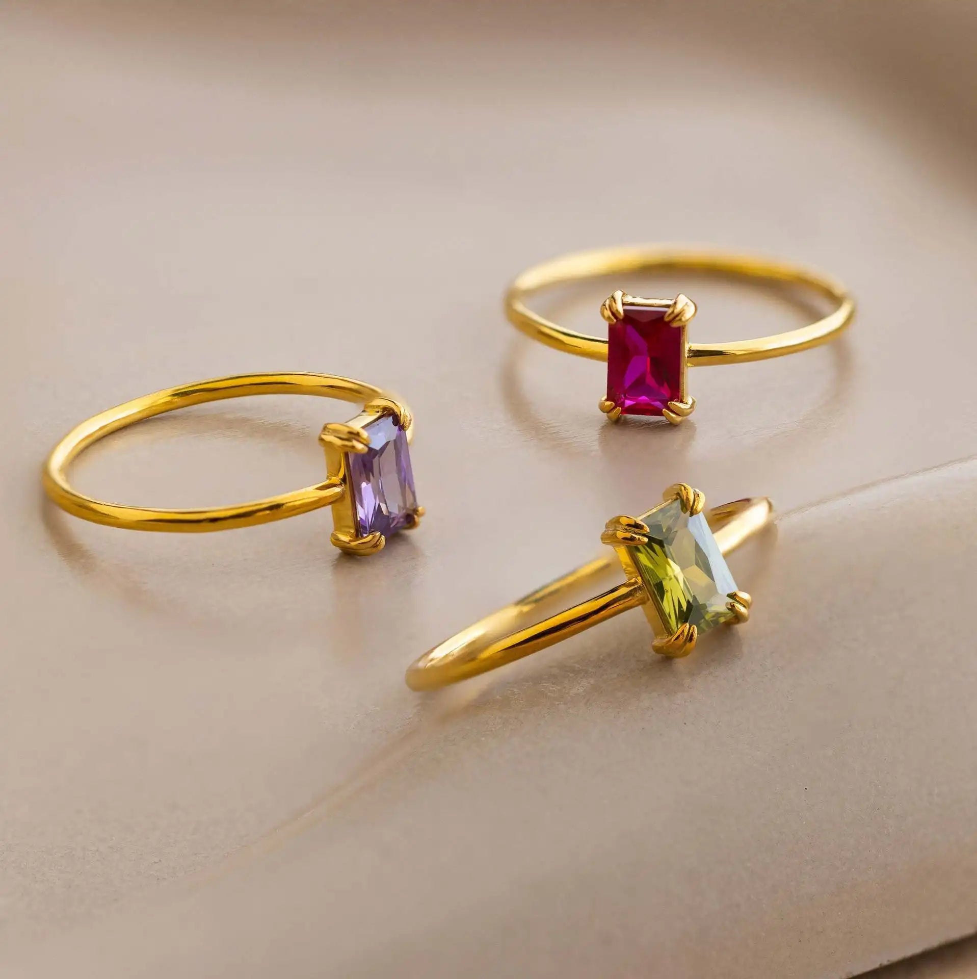 18K Gold Plated Light Luxury  Rectangular Green Zircon Fine Ring Stainless Steel December Birthstone Ring Wholesale Jewelry