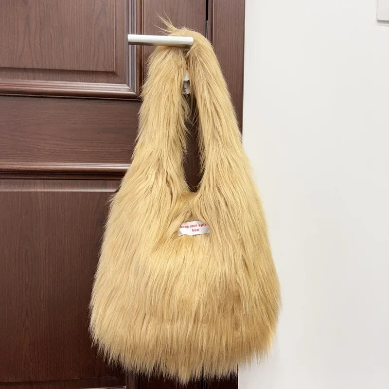 Long Plush Women's Tote Shoulder Bags Large Capacity Ladies Winter Furry Handbags Solid Color Female Faux Fur Underarm Bag
