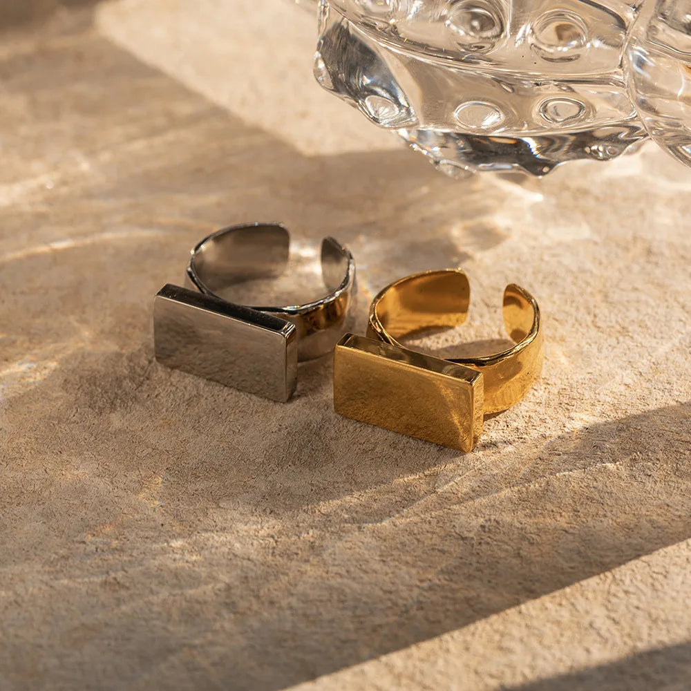 Fashion 18K Gold Stainless Steel Rectangular Block Opening Ring Minimalist Jewelry Support Customized for Men Women