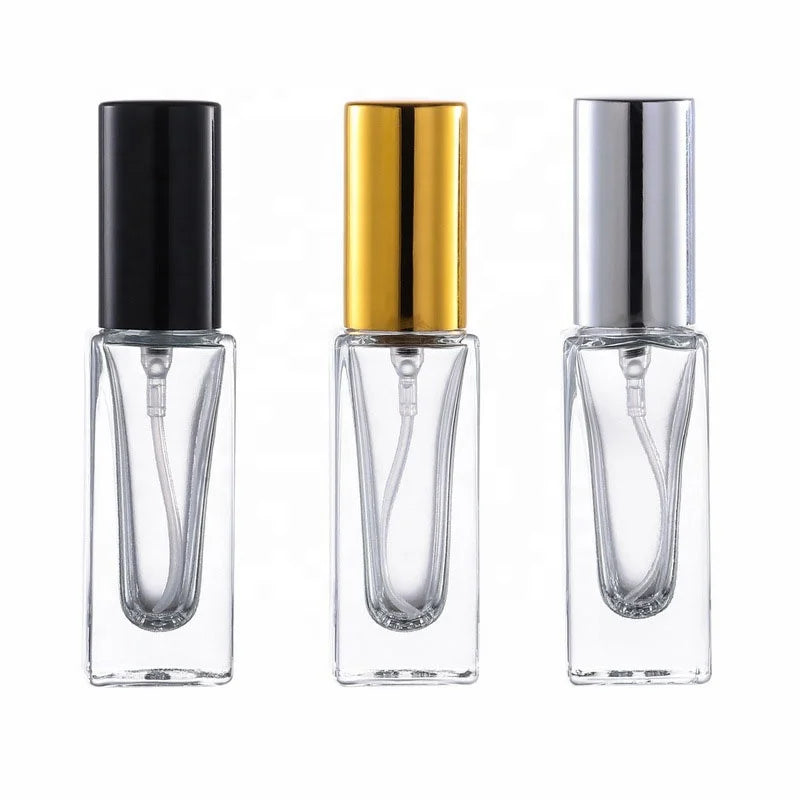 HeLun 5ml Screw Neck Clear Square Glass Perfume Bottle with Gold Black Silver Aluminum Sprayer Cap