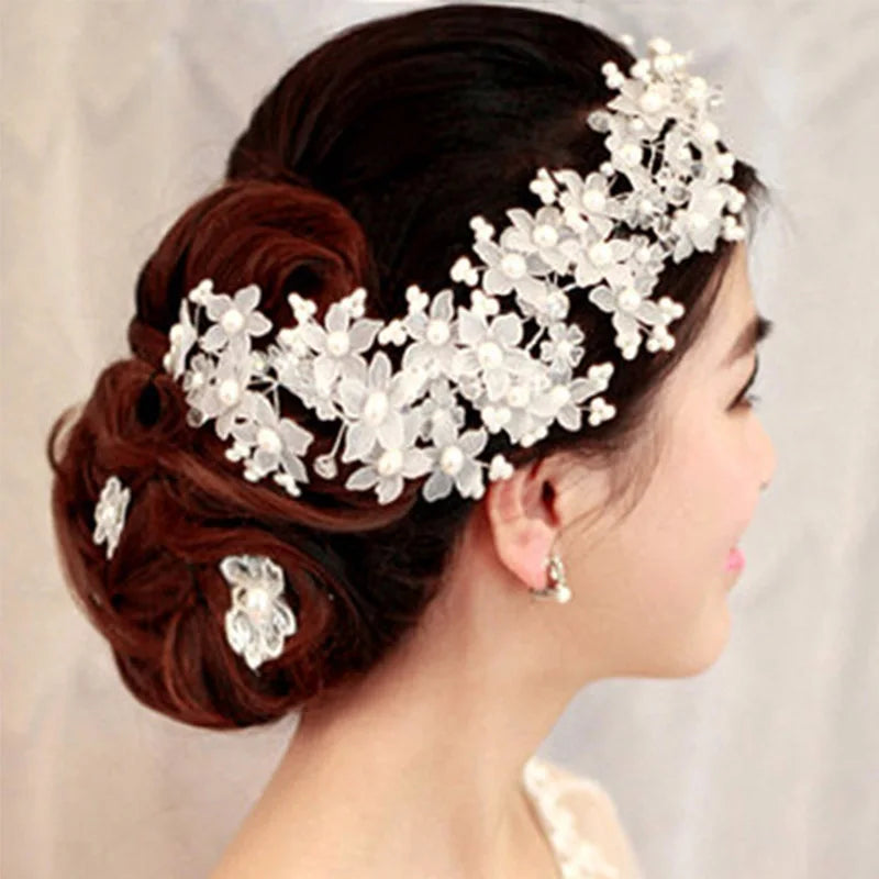 Bridal Headwear Headband Pure Handmade Floral Crystal Forehead Ornament Korean Pearl Wedding Hairband