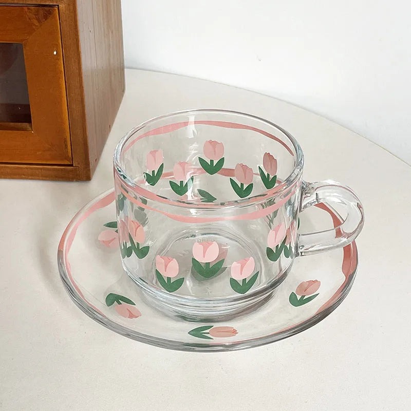 Solhui Ins French Retro Tulip Glass Coffee Cup and Saucer Korea Hot Sell Flower Afternoon Tea Cup Set