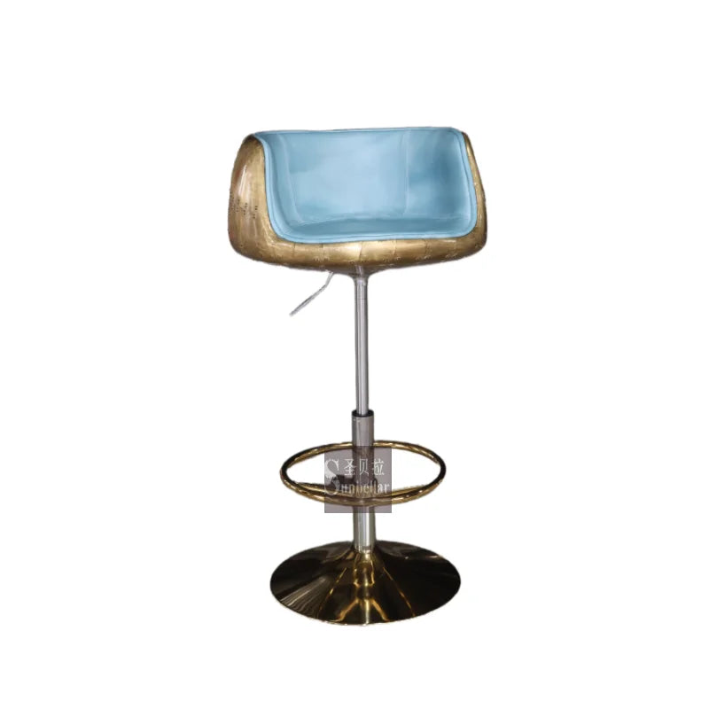 OEM ODM Industrial Antique Brass Vintage Sky Blue Genuine Leather Adjustable Swivel High Bar Chair Metal Base for Workshop